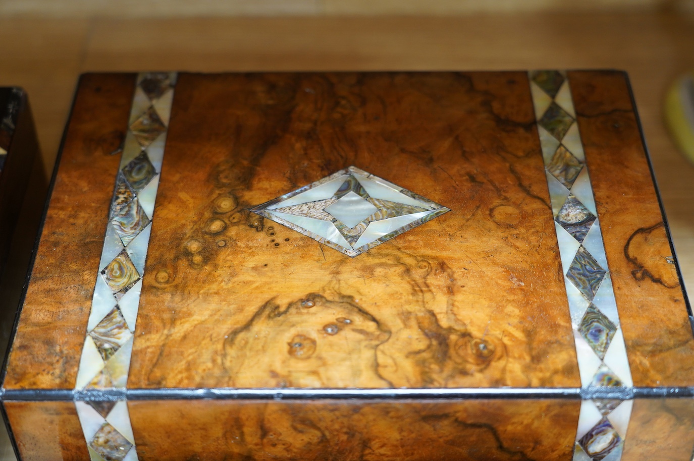 A rosewood military box, a mother-of-pearl inlaid box, another similar box, an inlaid box and plainer box (5). Condition - fair to good